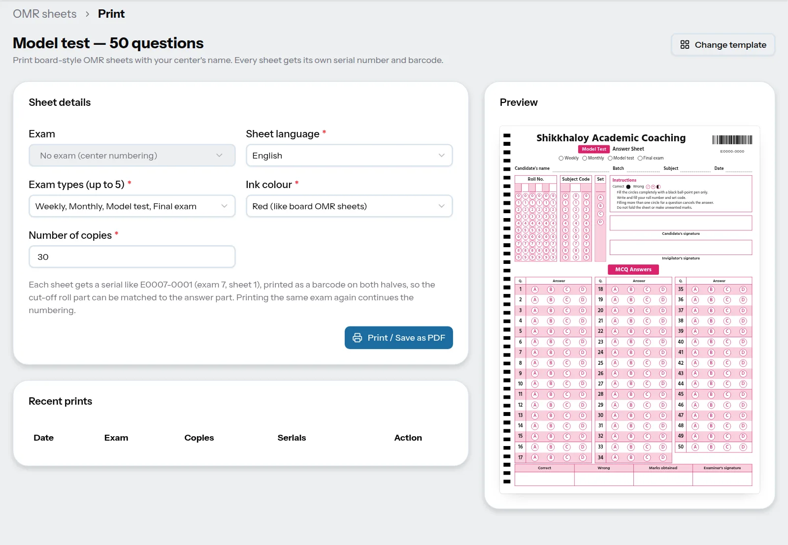 Printing a 50-question model test OMR sheet with the center's name, with a live preview